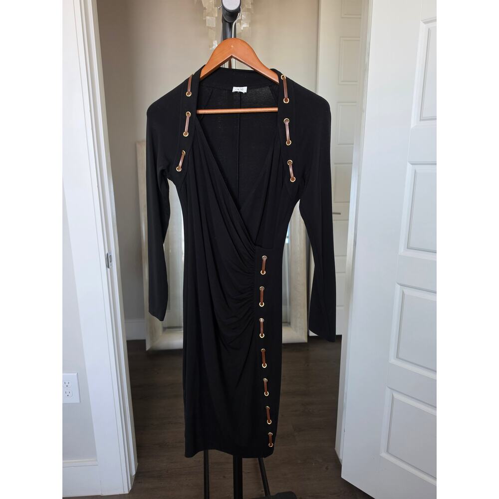 Cache Faux Leather Trim Long Sleeve Dress Black M